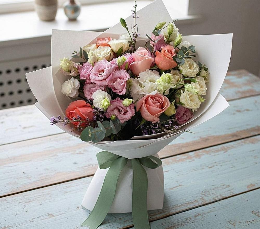 Букет цветов из: Розы, Лизиантусы и Гвоздики в Лорисе