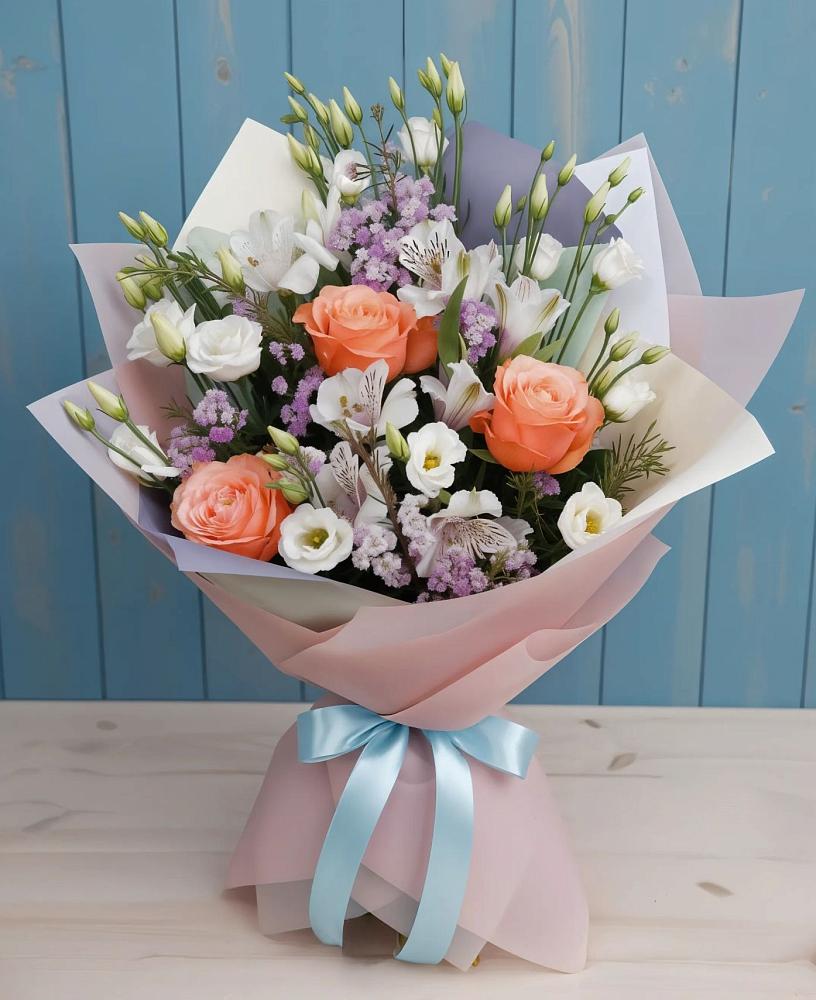 Букет цветов из: Лизиантусы, Розы, Альстромерии и Гипсофила в Лорисе