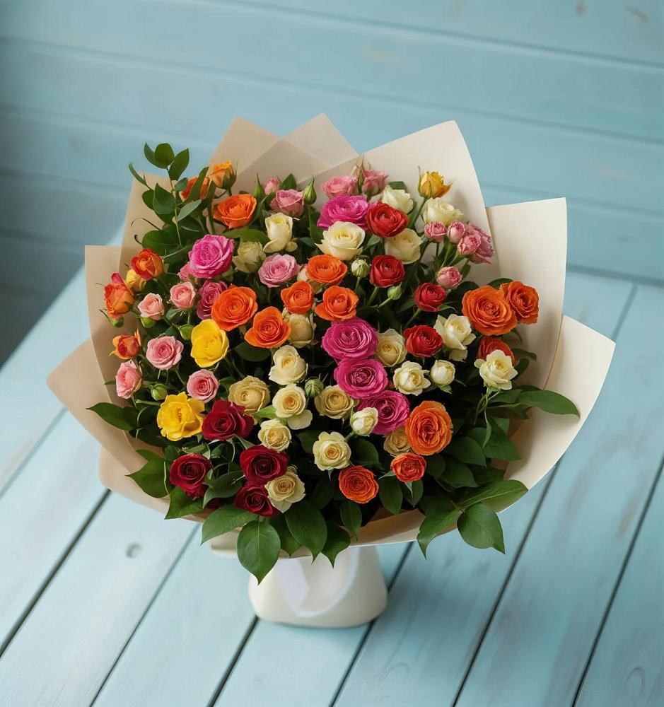 Букет Микс из разноцветных кустовых роз в Лорисе